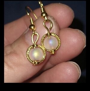 Handmade Elegant Gold and White Rainbow Opalite Glass Dangle Earrings